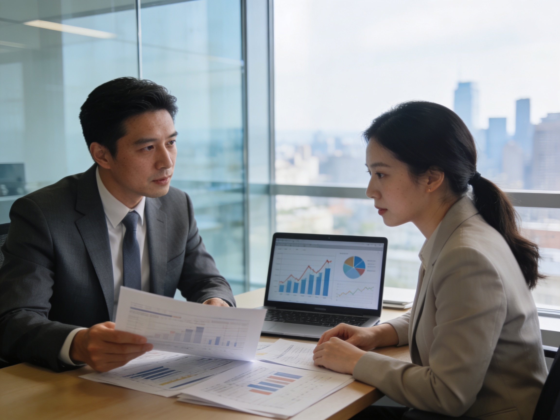 Clinic investment discussion in neutral-toned modern office environment.