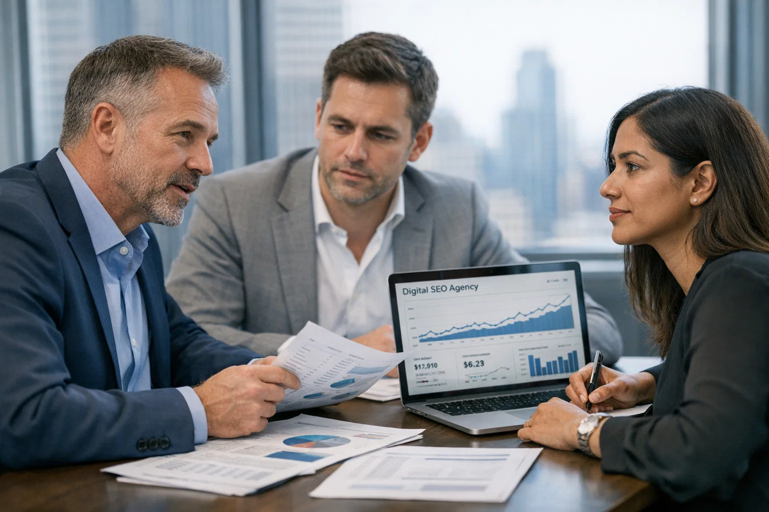 SEO reporting strategy meeting with agency experts analyzing search performance data.
